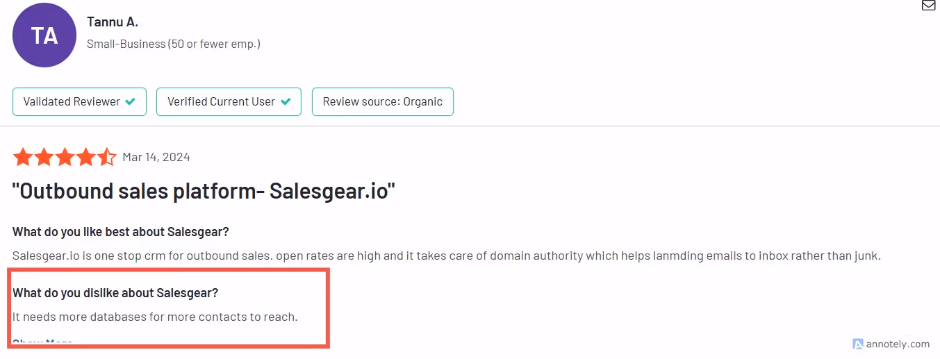 Negative review of Salesgear, citing the need for more extensive contact databases.