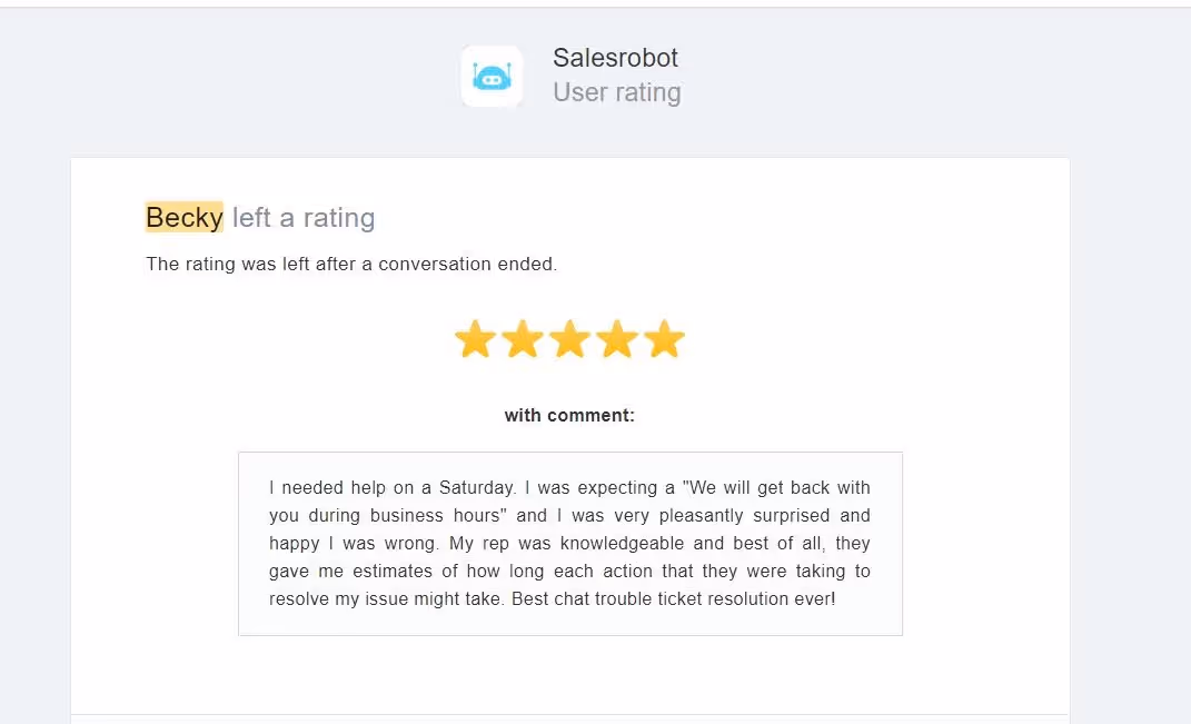 Positive user review of Salesrobot customer service