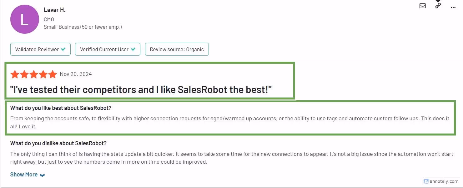 Positive review of SalesRobot, praising its features for safe and flexible high connection requests.