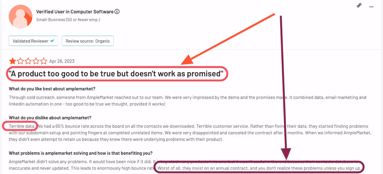 Amplemarket poor review on false promises