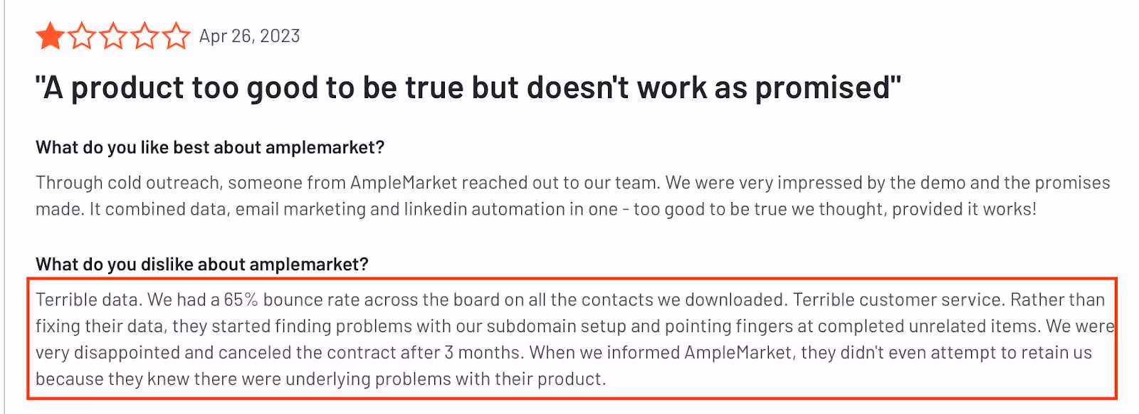 A negative review of Amplemarket saying it is not as promised