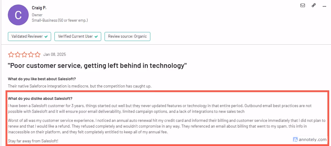 Salesloft review focusing on poor customer service and technological shortcomings.