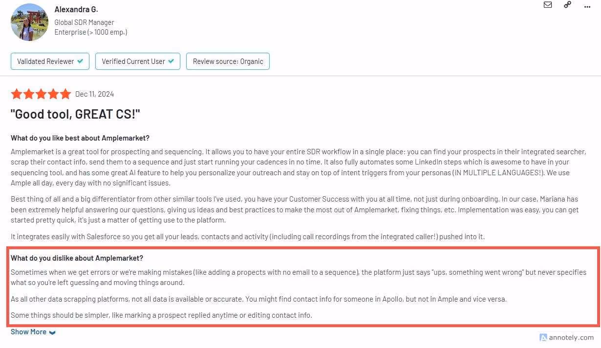 Positive review of Amplemarket discussing its strengths and areas for improvement.