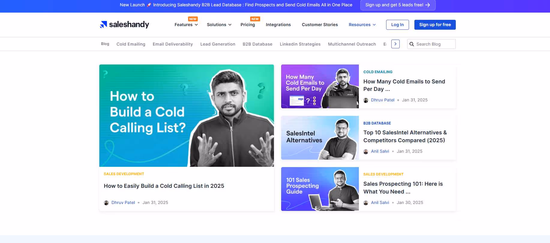 Saleshandy website screenshot displaying blog posts on cold emailing, lead generation, and sales prospecting.