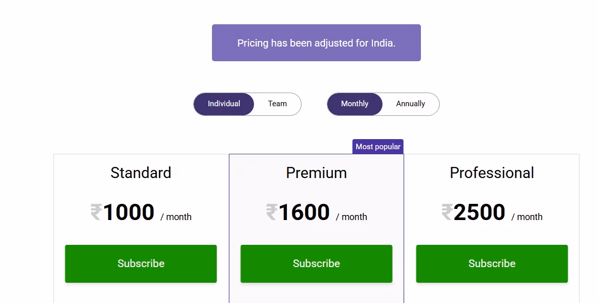 GMass pricing plans for India.