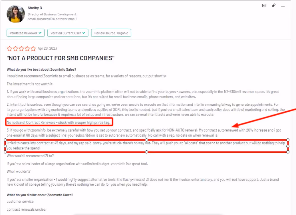 Review highlighting Zoominfo's predatory renewal policy