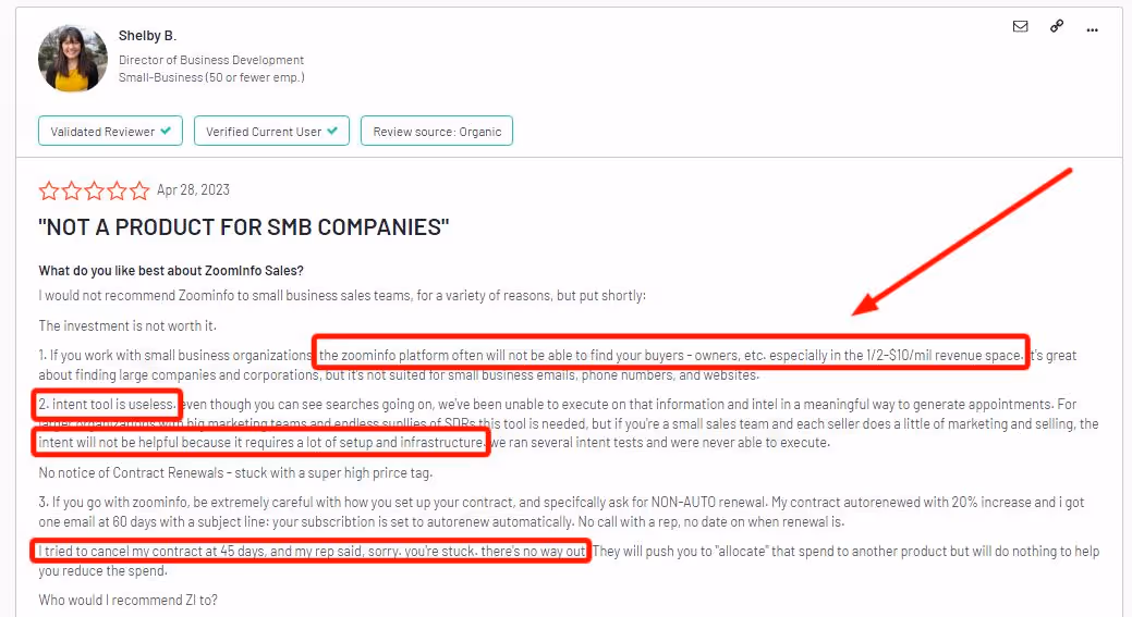 Review highlighting Zoominfo's useless Intent tool