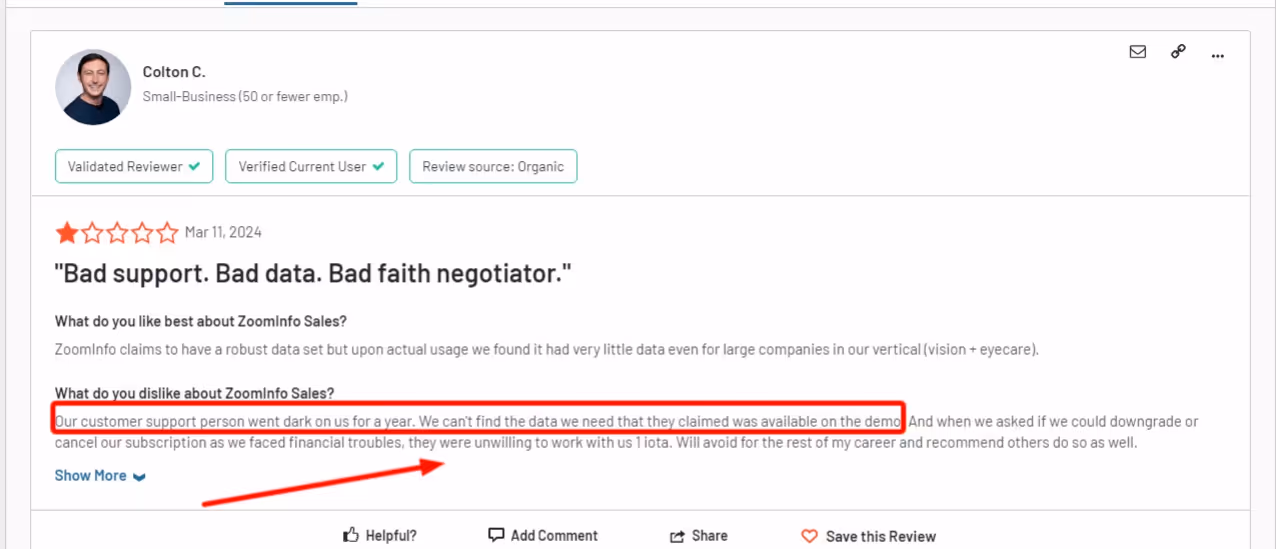 Review highlighting Zoominfo's support ignoring messages