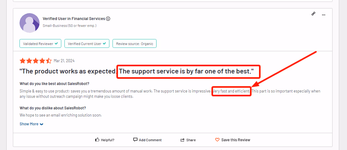 Review highlighting Salesrobot's good support