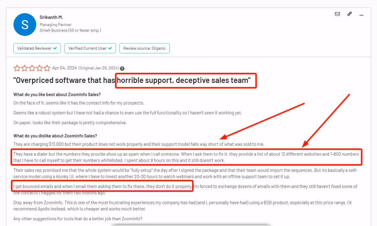 Review highlighting Zoominfo's poor customer service