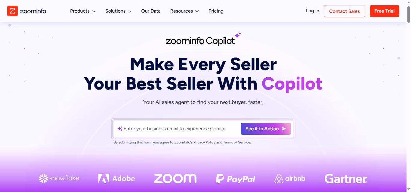 Screenshot of Zoominfo's homepage