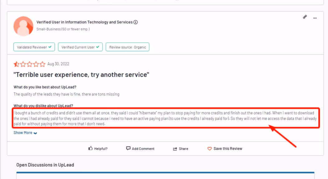Review highlighting billing issues with Uplead