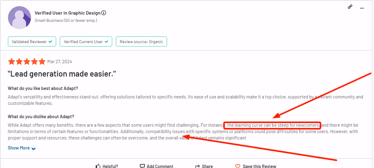 Review saying Adapt is non-intuitive