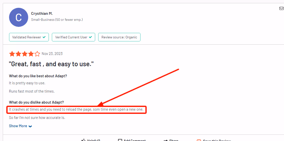 Review saying Adapt is buggy