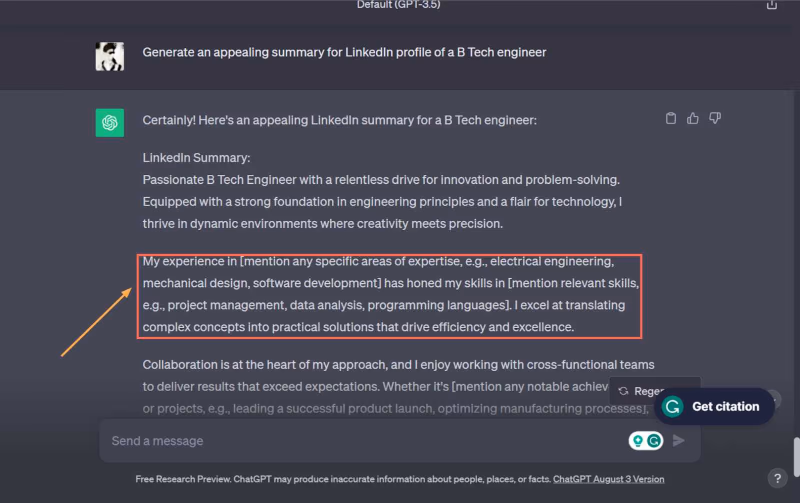 ChatGPT suggesting improvements to a LinkedIn summary.