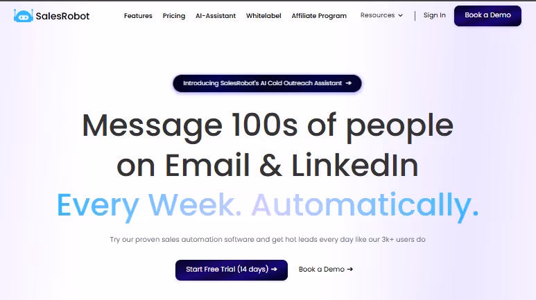 SalesRobot landing page advertising AI cold outreach assistant.