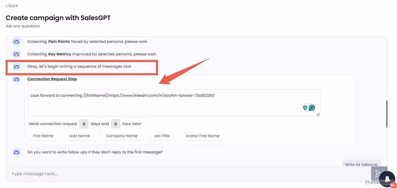Screenshot of SalesGPT showing a message sequence.