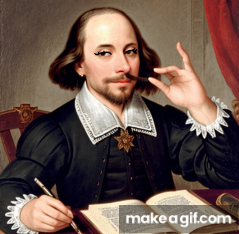 Shakespeare with makeup and styled facial hair twisting his mustache