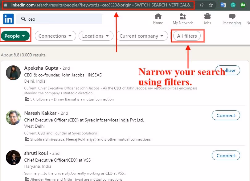 LinkedIn search results page for people with the keyword CEO, showing options to filter by connections, locations, current company, and other filters.