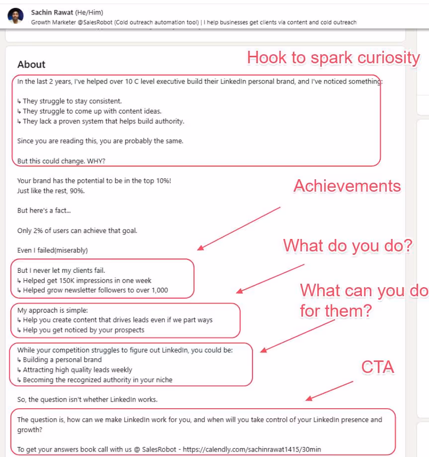A breakdown of a LinkedIn profile summary with labels highlighting key sections