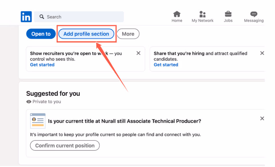 image showing you the add profile section button to add volunteer experience