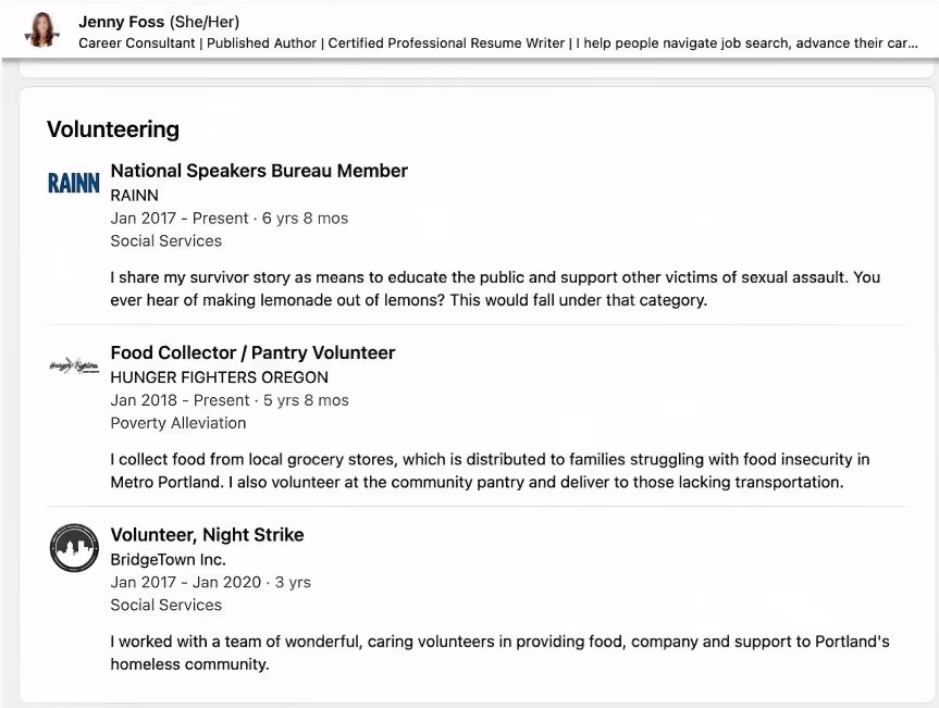 example profile of Jenny on linkedIn for inspiration