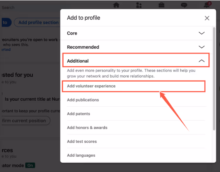 image of how you can choose the volunteer experience tab by scrolling