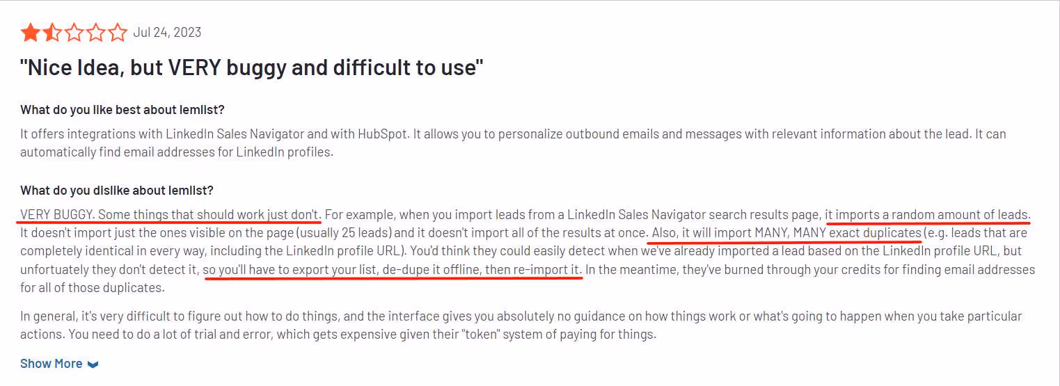 User review of Lemlist complaining about a buggy product