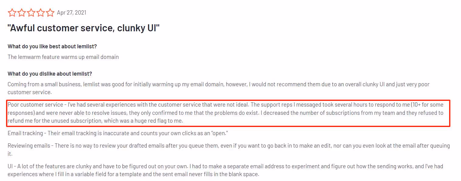 Negative review of Lemlist with poor customer support