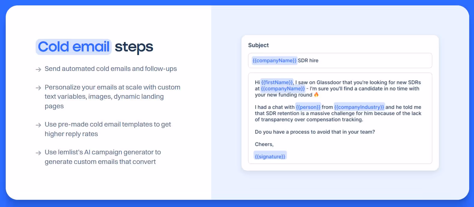 Lemlist cold email custom data snippets