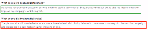 Mailshake positive review for customer support