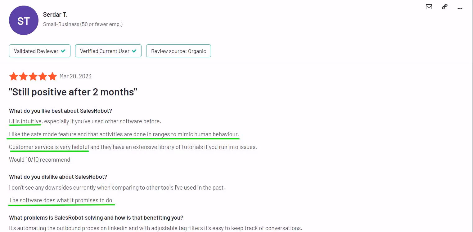 Positive customer experience of a SalesRobot user