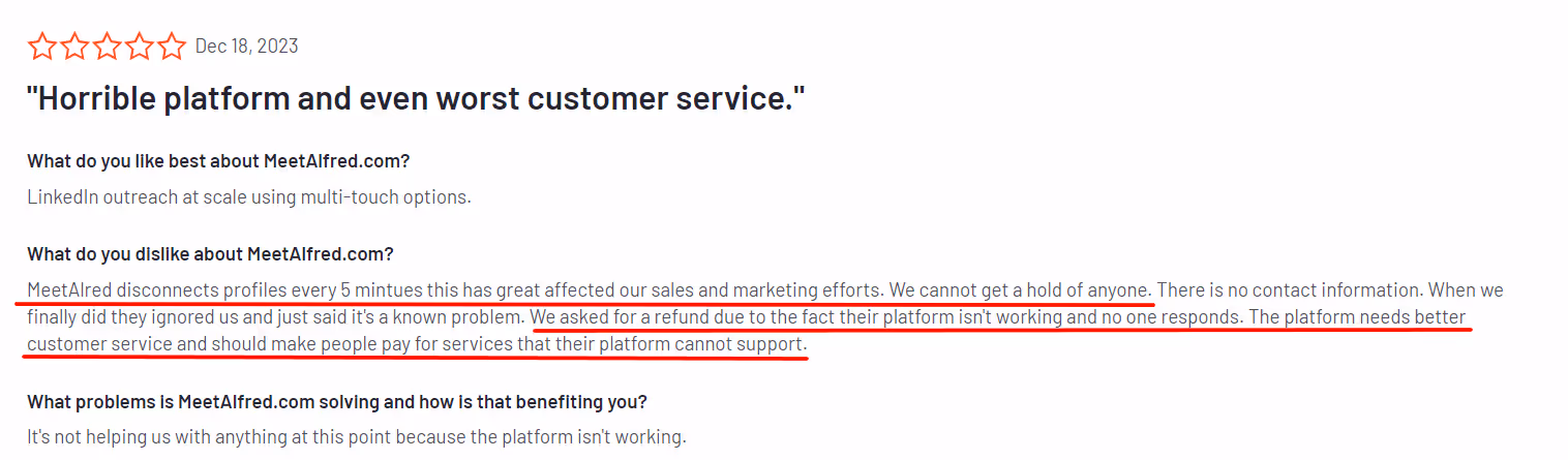 Negative review of Meet Alfred saying its a buggy product