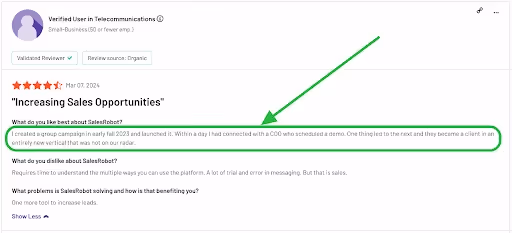 Positive user review of SalesRobot saying how it helped bring new revenue
