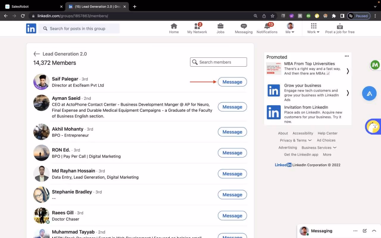 Message option to message all group members in a group 