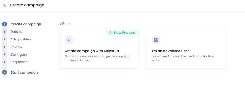 Options to create a campaign in SalesRobot