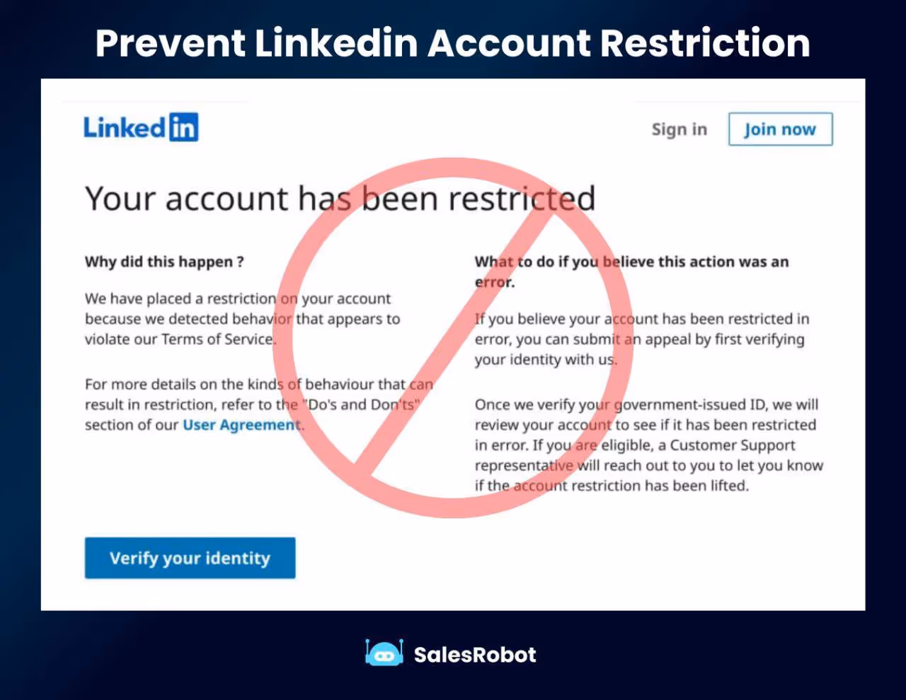 A warning that shows LinkedIn account restriction must be prevented