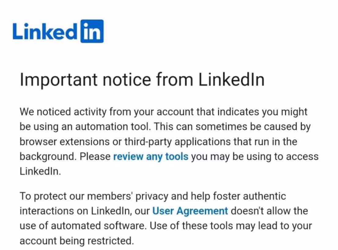 account warning from linkedin