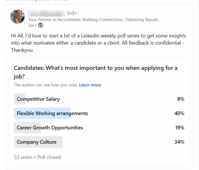 An example of LinkedIn poll that wants to know what is the most important deciding factor for job seekers.