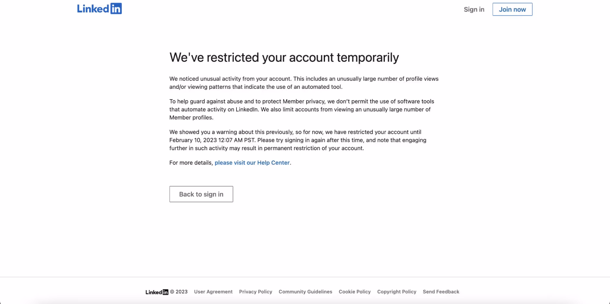 temporary ban notice from linkedin
