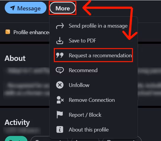 LinkedIn request recommendations option