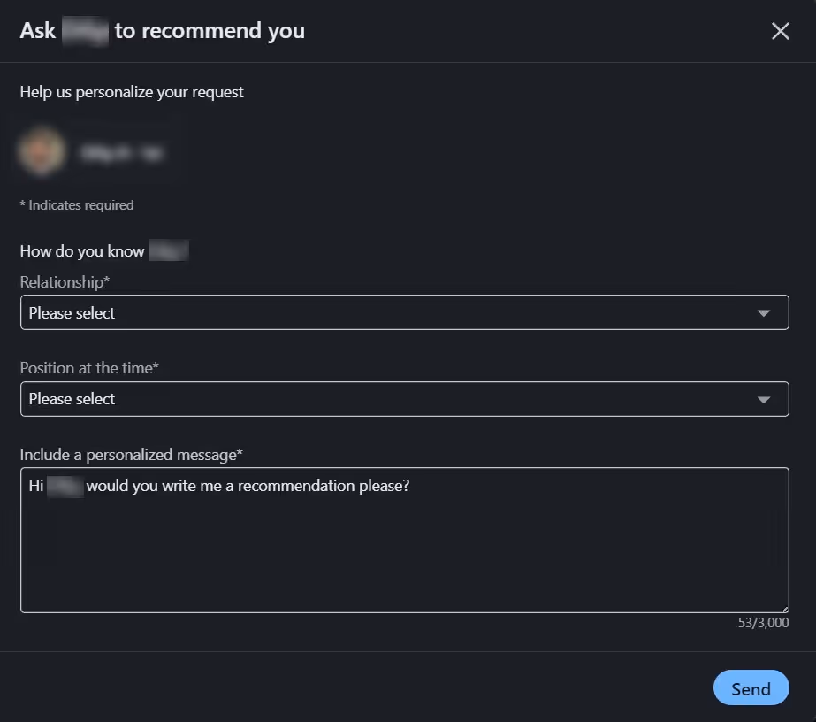 LinkedIn recommendation request window
