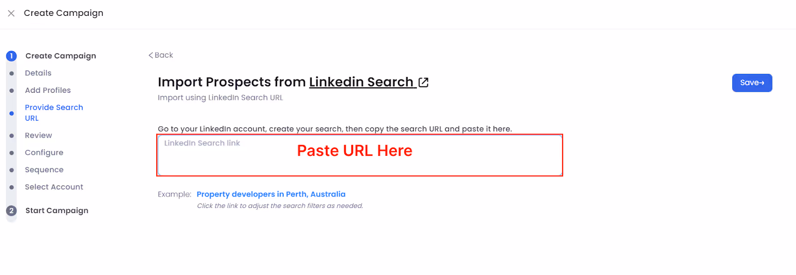SalesRobot campaign linkedin search URL entry