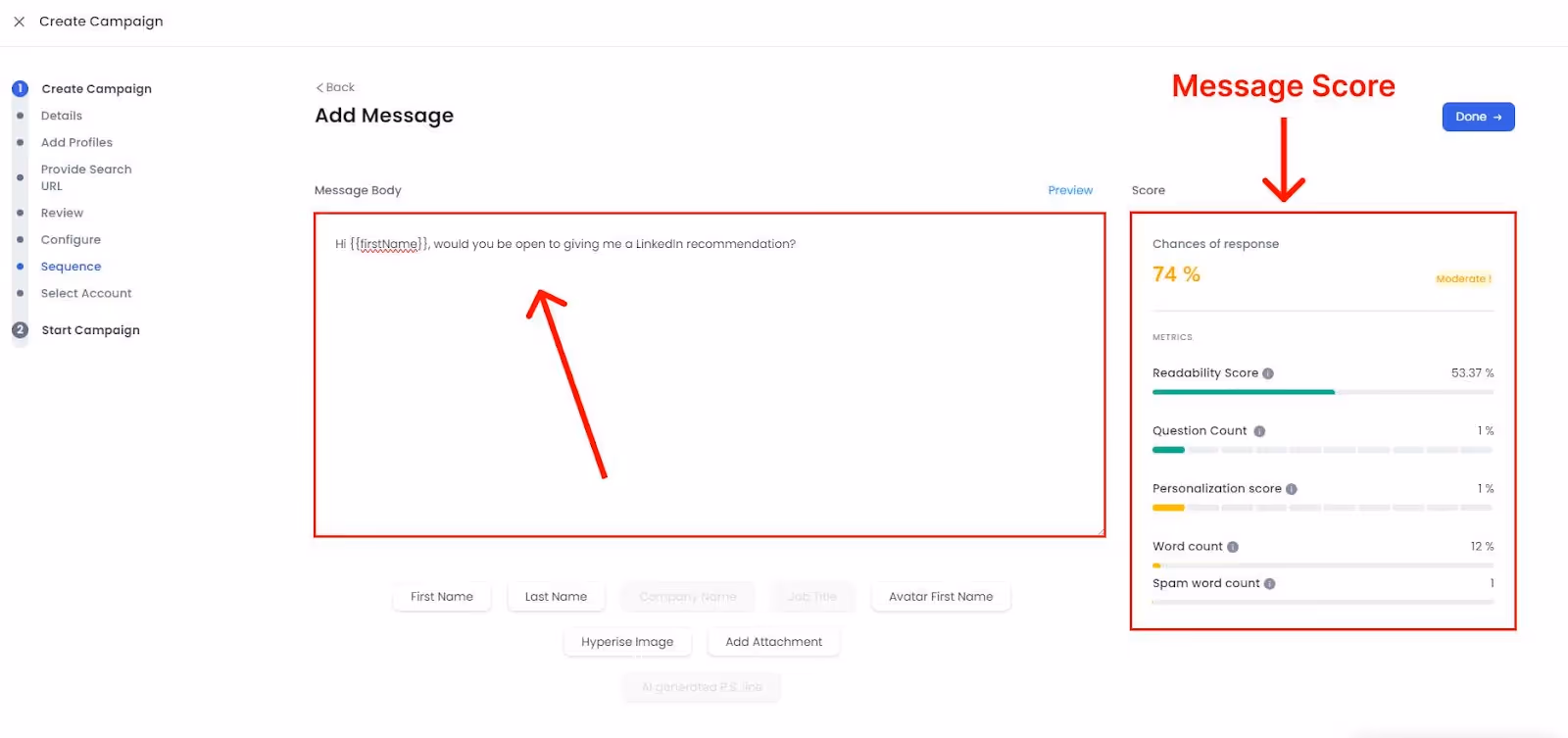 SalesRobot campaign add message and message score