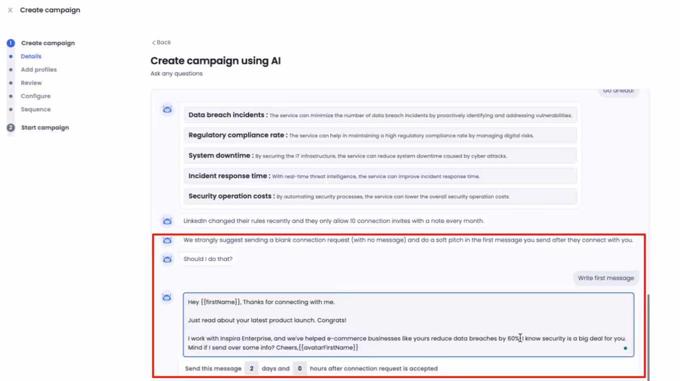 Screenshot of AI-generated LinkedIn outreach message