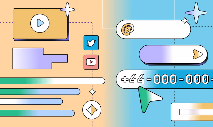 Abstract iconographies of the Twitter, YouTube, and "@" logo with website elements like search bars floating