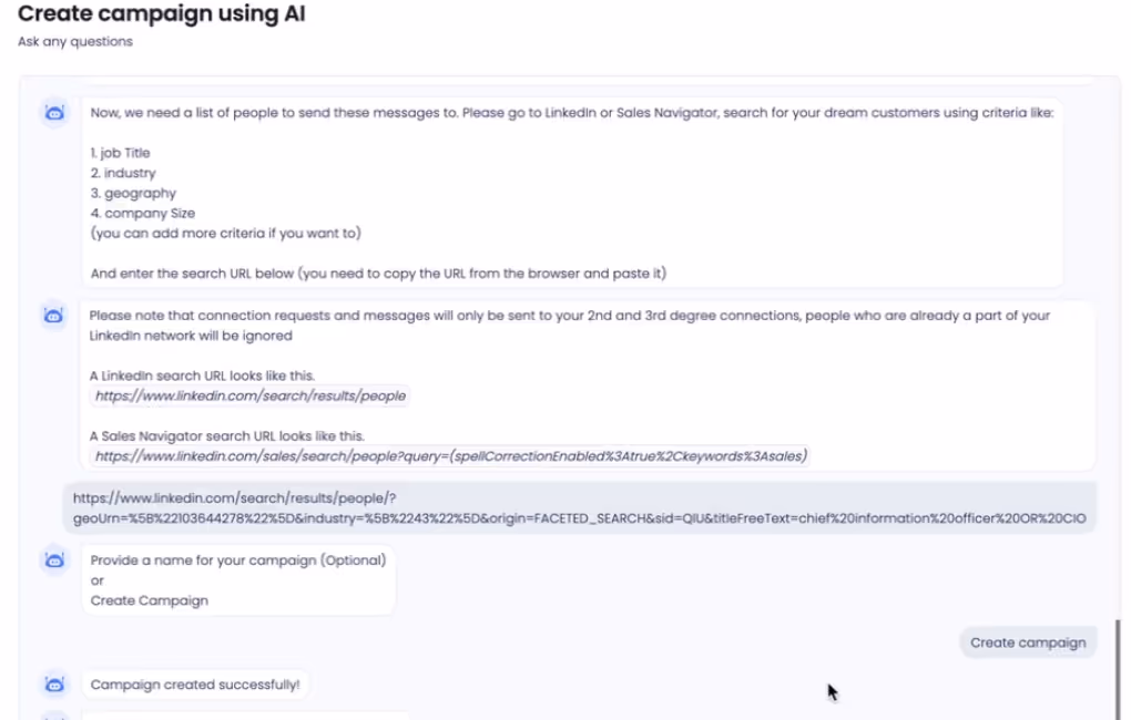 Confirmation to create a LinkedIn campaign after attaching a LinkedIn or Sales Navigator link.