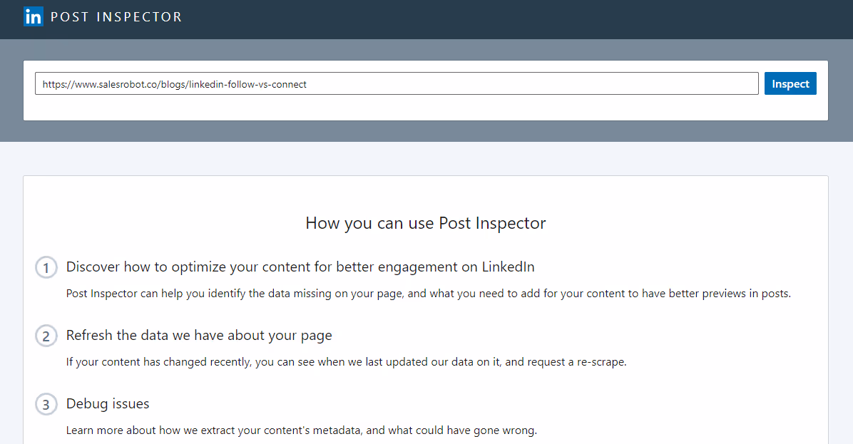 LinkedIn post inspector home page.