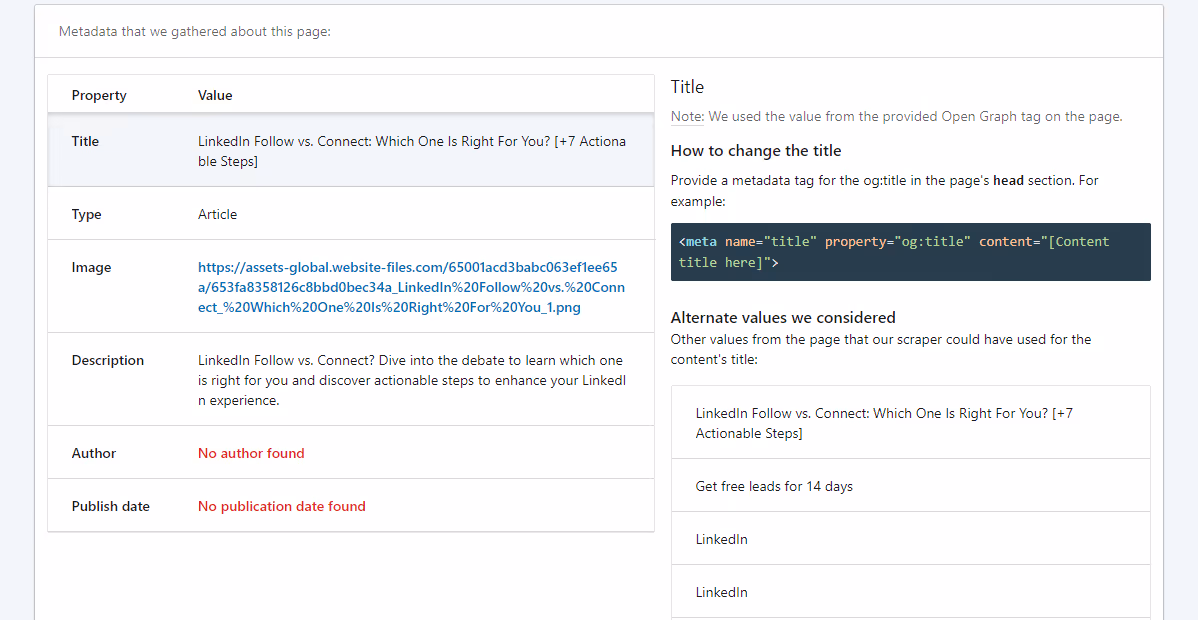 Image of metadata of a blog gathered by the LinkedIn post inspector.