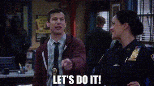 Excited man saying let's do it and a woman smiling.